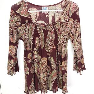 Vintage Top Womens L Paisley Grunge Smocked Square Neck Fairy Rolled Hem Light